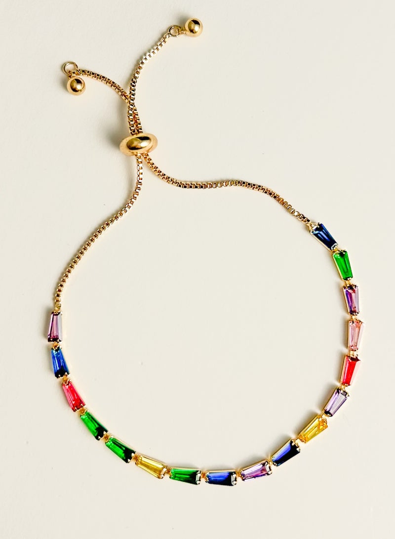سوار بتصميم نابض بالألوان المتعددة من الأحجار الكريمة الاصطناعية، قابل للتعديل ومطلي بالذهب عيار 18 للنساء. - Image 1