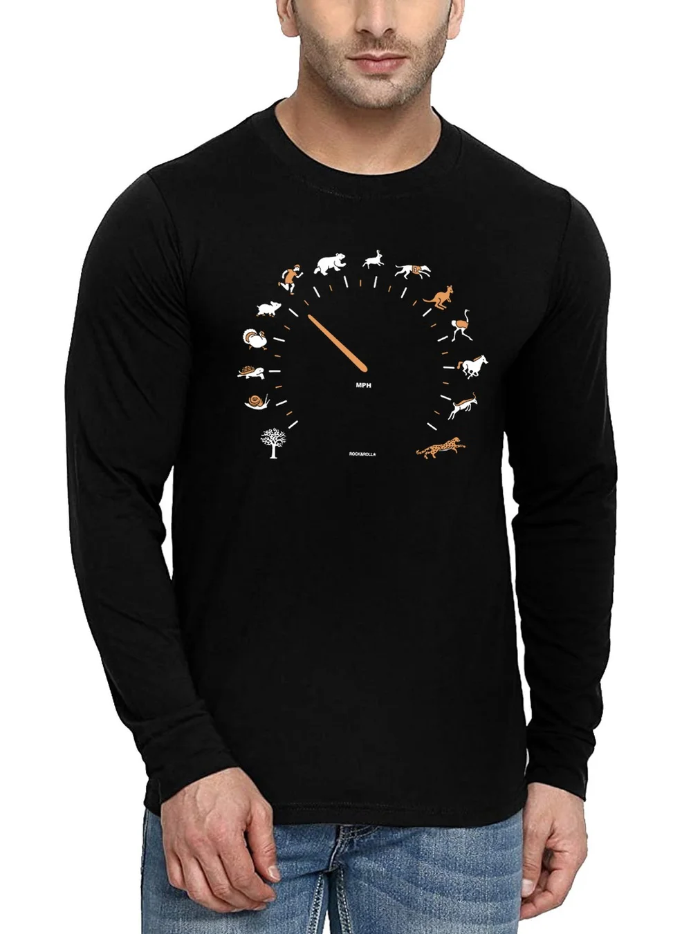 Rock&Roll Speedometer Crew Neck Black Long Sleeve Combed Cotton Men's T-Shirt