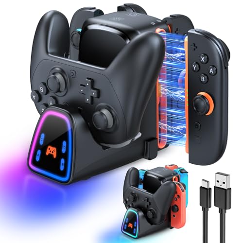WAXITY 9 In 1 Controller Charging Dock for Nintendo Switch 2/Switch 1/OLED Controller, Fast Charger Station for Joy Con 2&1 and Pro Controller 2&1, Charger Accessories with RGB Light - Image 1