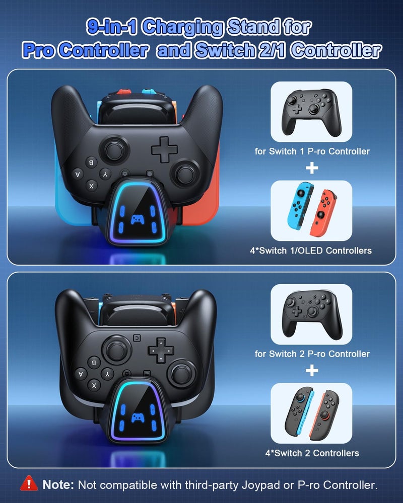 WAXITY 9 In 1 Controller Charging Dock for Nintendo Switch 2/Switch 1/OLED Controller, Fast Charger Station for Joy Con 2&1 and Pro Controller 2&1, Charger Accessories with RGB Light - Image 2