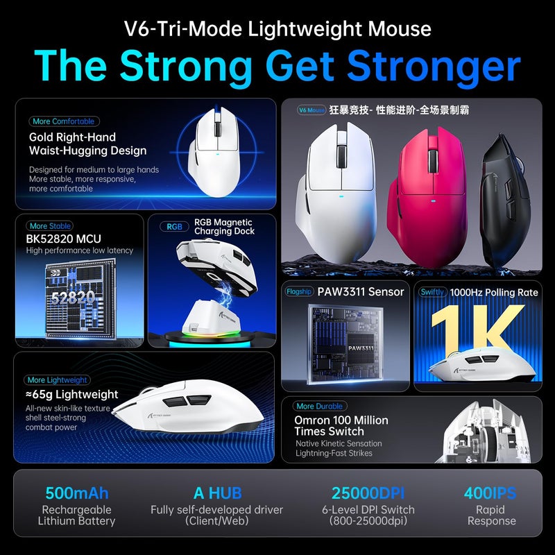 ماوس ATTACK SHARK V6 SUPERLIGHT بوزن 65غ مع قاعدة شحن مغناطيسية، مستشعر ألعاب PixArt PAW3311، دقة 25000 DPI، بطارية 500 مللي أمبير، ماوس مريح لاسلكي/بلوتوث/سلكي مع مسند للإبهام، متوافق مع Win11/Xbox/P - Image 3