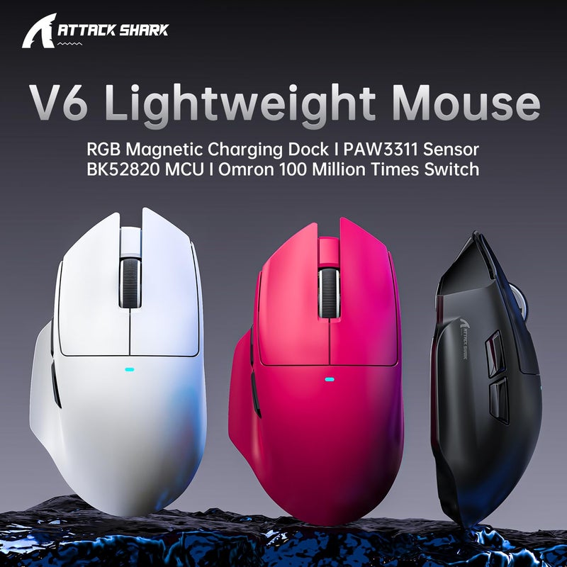 ماوس ATTACK SHARK V6 SUPERLIGHT بوزن 65غ مع قاعدة شحن مغناطيسية، مستشعر ألعاب PixArt PAW3311، دقة 25000 DPI، بطارية 500 مللي أمبير، ماوس مريح لاسلكي/بلوتوث/سلكي مع مسند للإبهام، متوافق مع Win11/Xbox/P - Image 2
