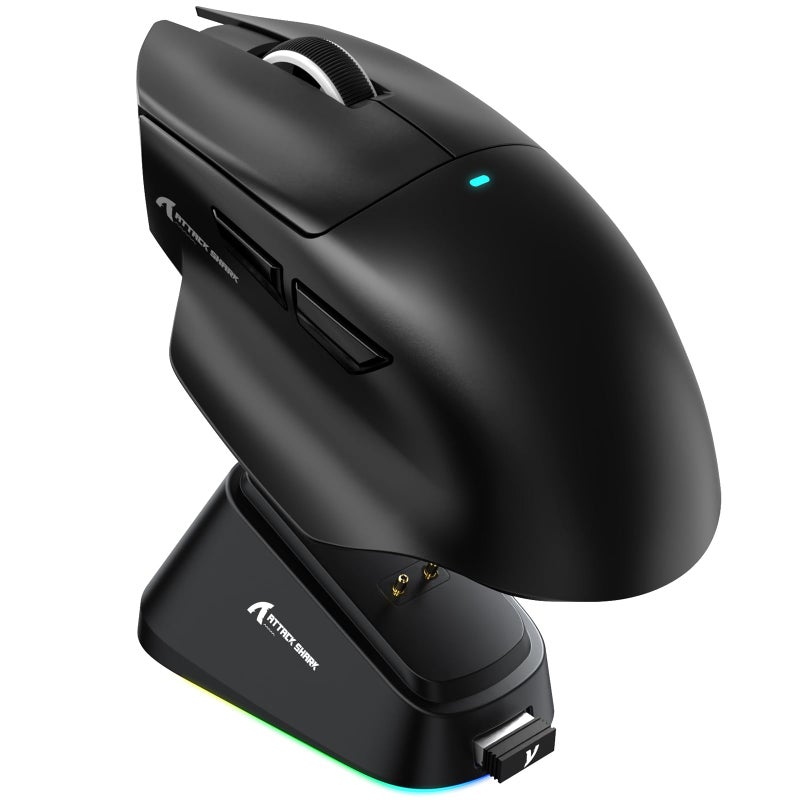 ماوس ATTACK SHARK V6 SUPERLIGHT بوزن 65غ مع قاعدة شحن مغناطيسية، مستشعر ألعاب PixArt PAW3311، دقة 25000 DPI، بطارية 500 مللي أمبير، ماوس مريح لاسلكي/بلوتوث/سلكي مع مسند للإبهام، متوافق مع Win11/Xbox/P - Image 1