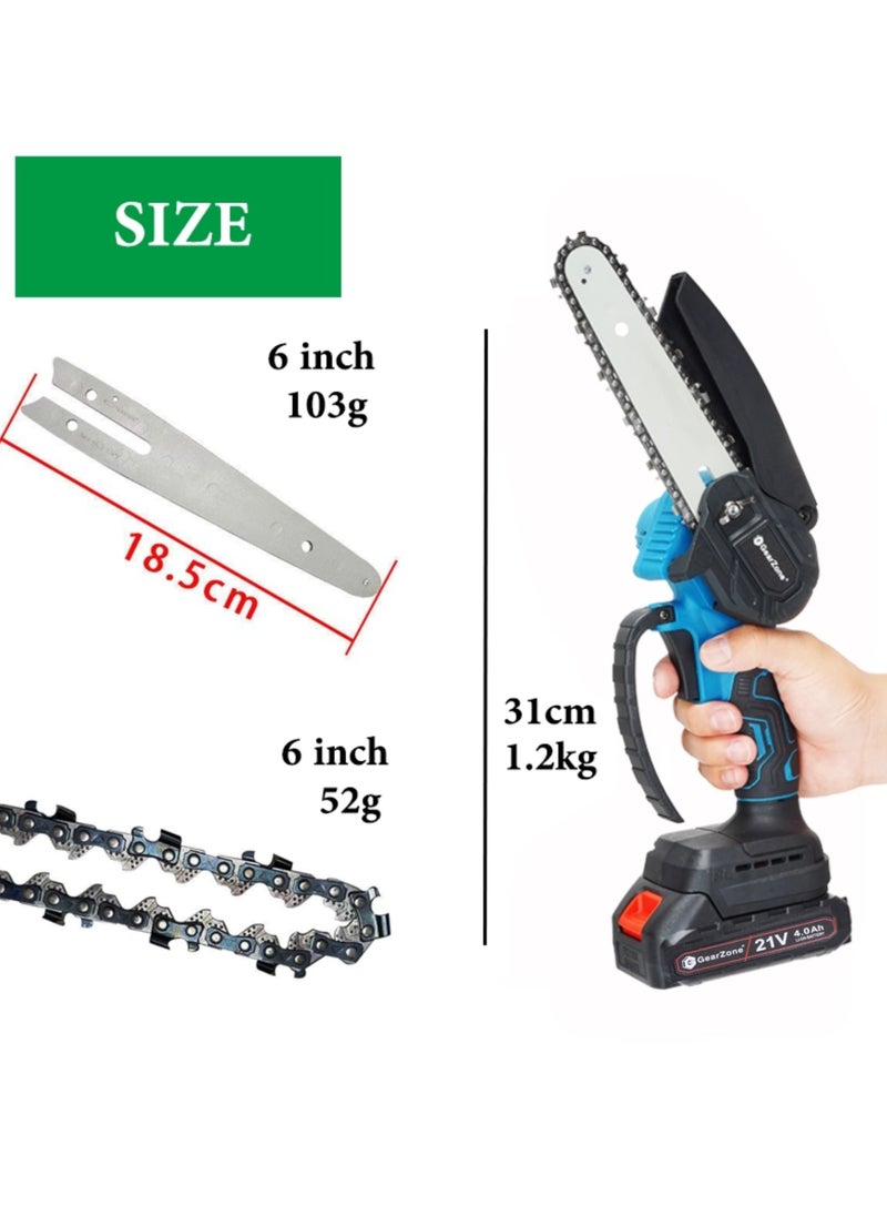 GearZone - Cordless Mini Chainsaw 6 Inch, Battery Powered with 2PCS 21V Rechargeable Batteries, One-Hand Use Electric Chainsaw, Handheld Chainsaw for Wood Working - Image 1