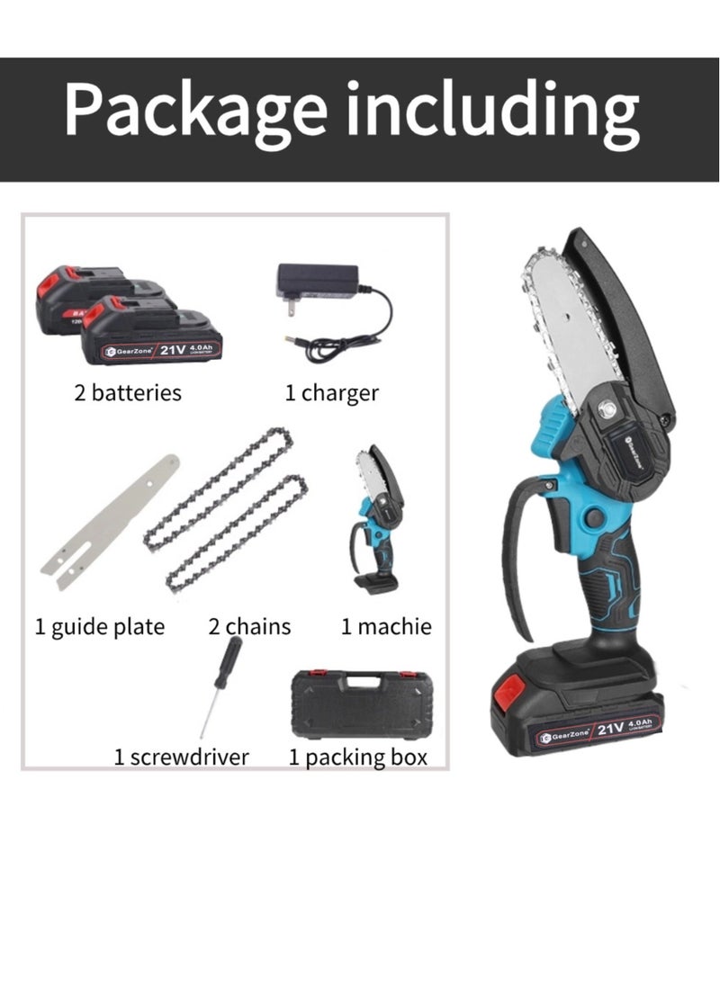 GearZone - Cordless Mini Chainsaw 6 Inch, Battery Powered with 2PCS 21V Rechargeable Batteries, One-Hand Use Electric Chainsaw, Handheld Chainsaw for Wood Working - Image 1