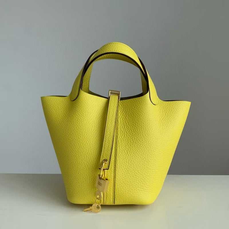 18cm Wax Line Hand Sewed TC Top Layer Cowhide Vegetable Basket Bag Bucket Bag Genuine Leather Womens Bag Handbag Lemon yellow 