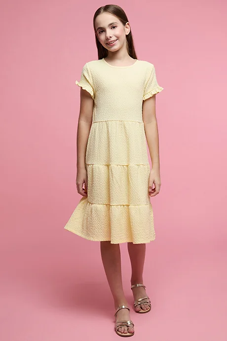 R&b Textured Tiered Dress with Crew Neck and Short Sleeevs