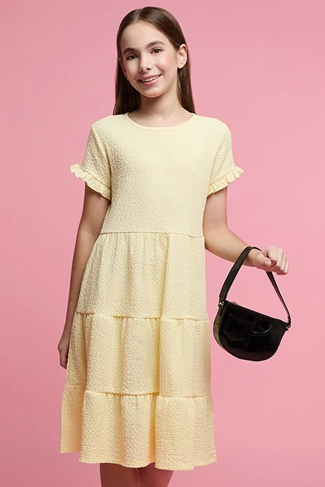 R&b Textured Tiered Dress with Crew Neck and Short Sleeevs