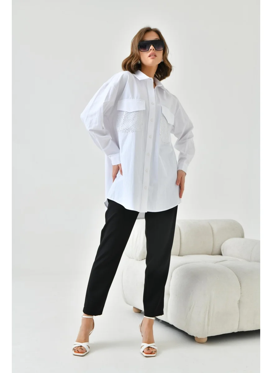 Garmi Women's Mesh Pocket Poplin Shirt Ecru