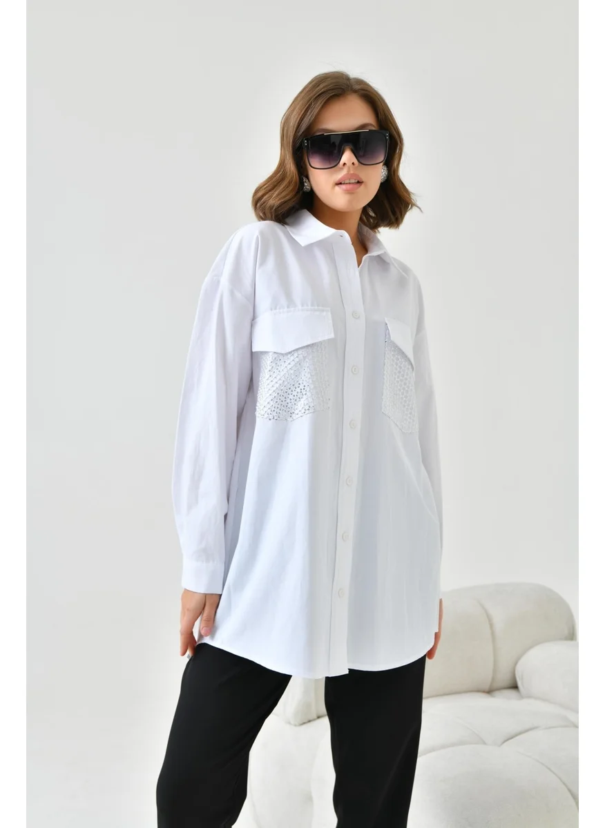 Garmi Women's Mesh Pocket Poplin Shirt Ecru