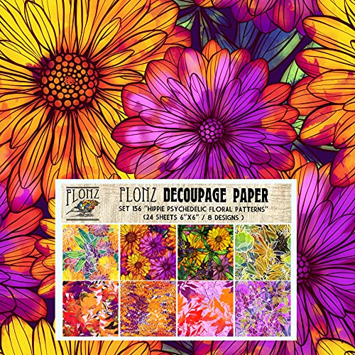 Flonz Decoupage Paper Pack (24 Sheets 6"x6") Hippie Psychedelic Floral Patterns FLONZ Vintage Styled Seamless Pattern Paper for Decoupage, Craft and Scrapbooking - Image 1