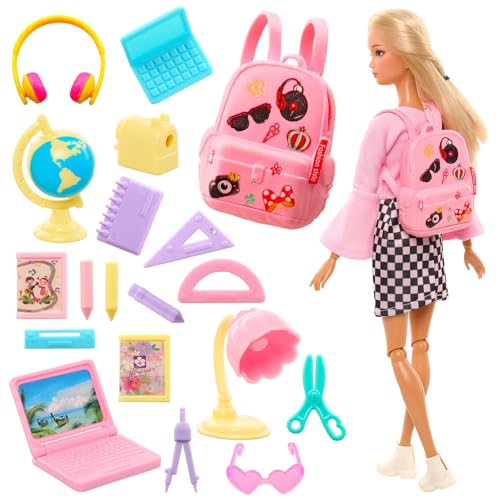 ENOCHT 19 Pcs Girl Doll School Accessories Backpack Mini Desk Lamp Laptop Mini Globe Glasses and Headset for 115 Inch Doll School Playset - Image 1