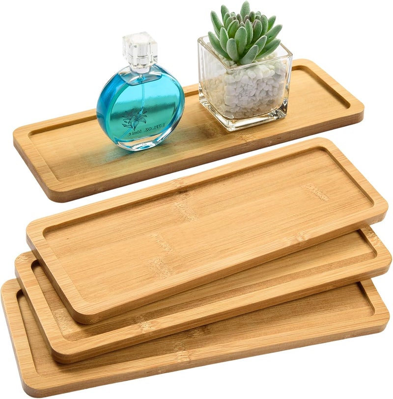 AWIZOM 4 Pack Bamboo Serving Tray Rectangle Bamboo Wood Tea Serving Tray Rounded Edges Wooden Bathroom Counter Tray Bamboo Vanity Tray for Dresser Food Coffee Tea Snack Tissues Candles11x 4 Inch - Image 1