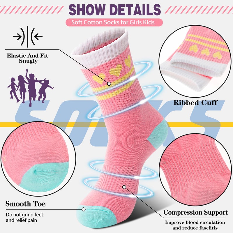 Sandsuced Kids Girls Socks Athletic Sport Basketball Youth Cotton Crew Soft White Pink Heart Gift Outdoor Socks 6 Pairs Stocking Stuffers(Candy Stripe Heart,5-8 Years) - Image 3