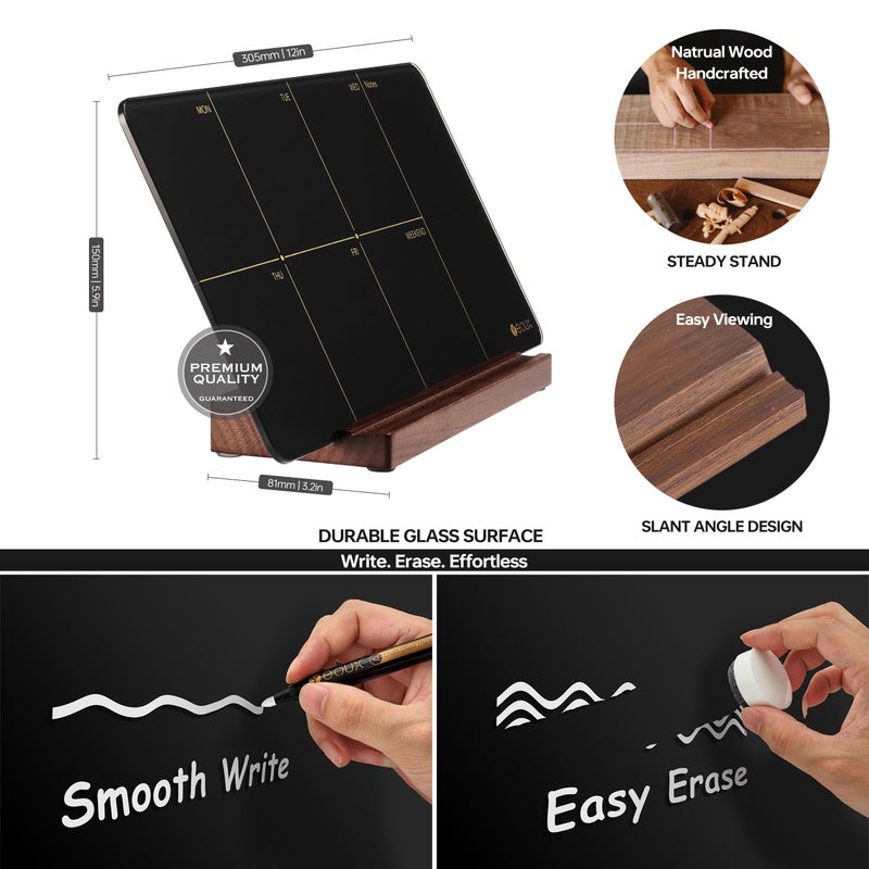 YEOUX Desktop Black Glass Weekly Planner Dry Erase Whiteboard with Detachable Wood Stand,Small Portable Week Calendar to Do List White Board 12x6 for Office, Home, Schools, Marker&Eraser Included, Yeoux - Image 3