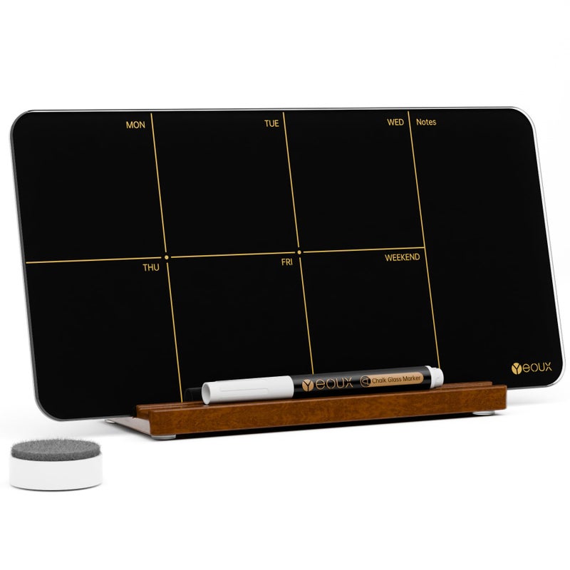 YEOUX Desktop Black Glass Weekly Planner Dry Erase Whiteboard with Detachable Wood Stand,Small Portable Week Calendar to Do List White Board 12x6 for Office, Home, Schools, Marker&Eraser Included, Yeoux - Image 1