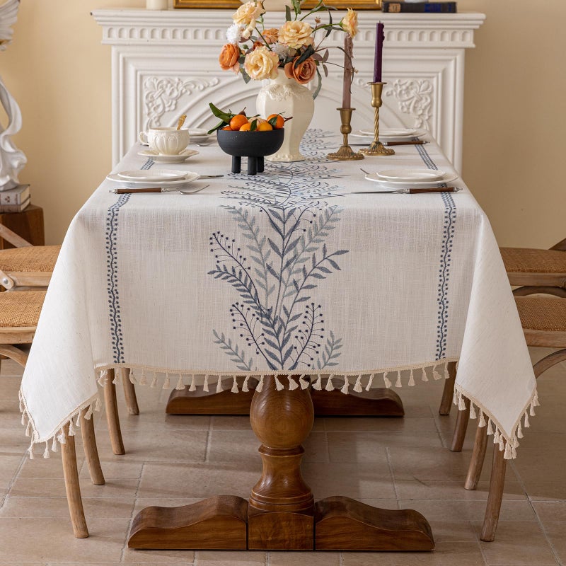 Joyfol Day Rustic Waterproof Linen Tablecloth, Heavy Weight Fern Embroidery Table Cloths for Rectangle Tables, Farmhouse Spill-Proof Table Covers with Tassels, Blue 55''x 70'' - Image 2