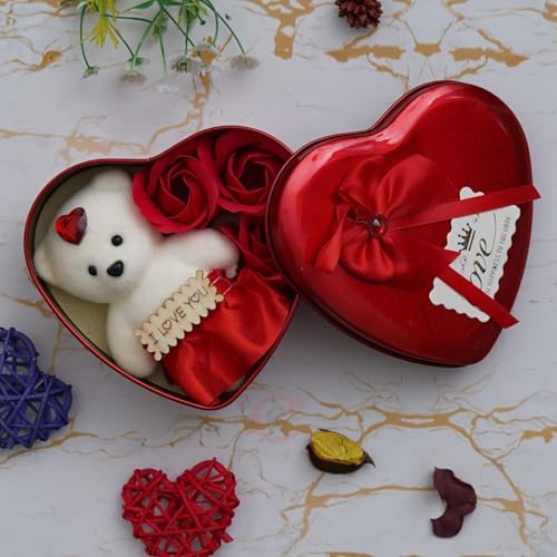 perpetual Heart Shaped Gift Box with Teddy and Roses Gift for Valentine Day Birthday Anniversary Red Rose Flower Gifts for Loveone, Teddy and Rose Day Gift for Boyfriend Girlfriend - Image 1