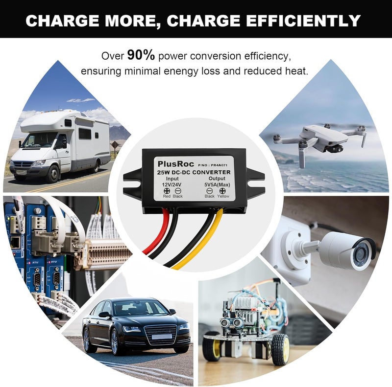 محول خفض الجهد مقاوم للماء من 12V/24V إلى 5V 5A، محول DC-DC بقدرة 25 واط مع أسلاك مفتوحة لمشاريع الإلكترونيات DIY (عبوة واحدة) - Image 4