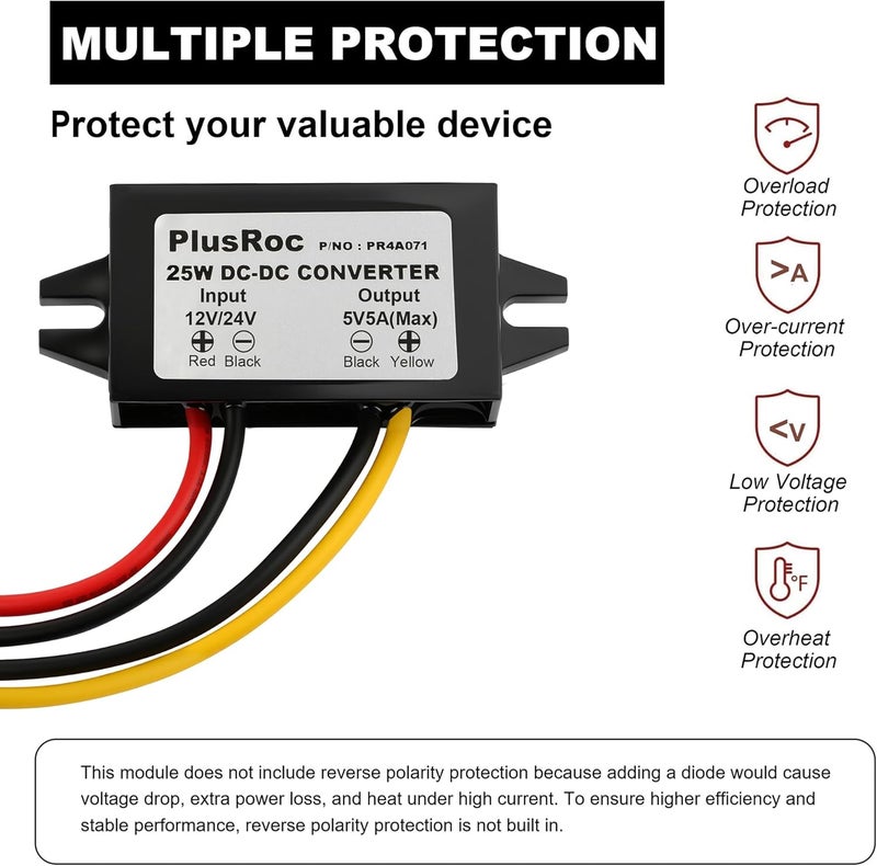 محول خفض الجهد مقاوم للماء من 12V/24V إلى 5V 5A، محول DC-DC بقدرة 25 واط مع أسلاك مفتوحة لمشاريع الإلكترونيات DIY (عبوة واحدة) - Image 5