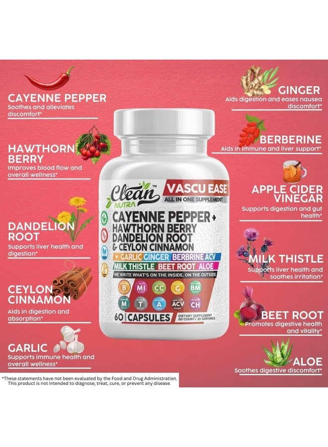 Clean Nutraceuticals كبسولات نظيفة من فلفل الكايين مع توت الزعرور، جذر الهندباء، قرفة سيلان، ثوم، زنجبيل، بيربرين، خل التفاح، شوك الحليب، جذر الشمندر، أقراص الألوة فيرا والمزيد - Image 2