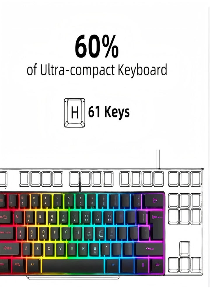 Generic Mechanical gaming keyboard, 61 key compact wired keyboard with RGB backlit dual lens injection keycaps, 29.2x10.2x4CM, black  - Image 3