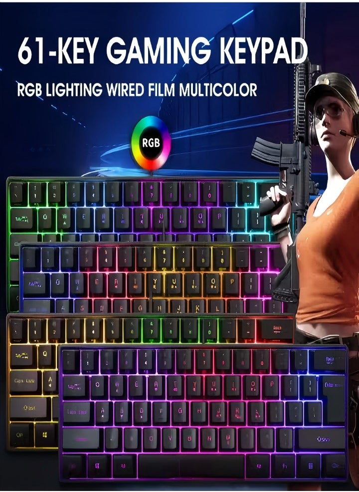 Mechanical gaming keyboard, 61 key compact wired keyboard with RGB backlit dual lens injection keycaps, 29.2x10.2x4CM, black