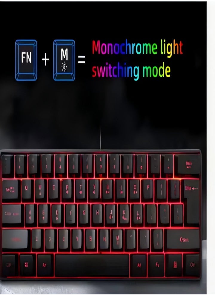 Mechanical gaming keyboard, 61 key compact wired keyboard with RGB backlit dual lens injection keycaps, 29.2x10.2x4CM, black