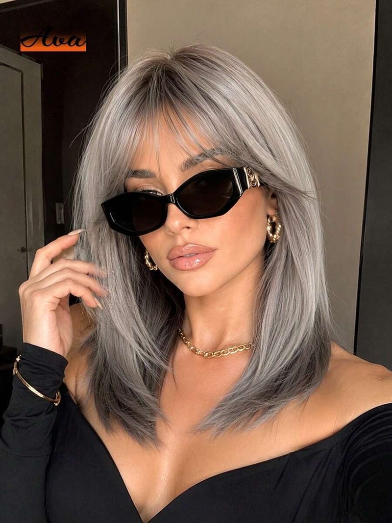 16 Inch Brown Root Honey Blonde Ombre Medium Long Straight Synthetic Wig for Women, Lightweight Soft Fiber, Face-Framing Curtain Bangs, Adjustable Cap, Daily Wear &  Cosplay