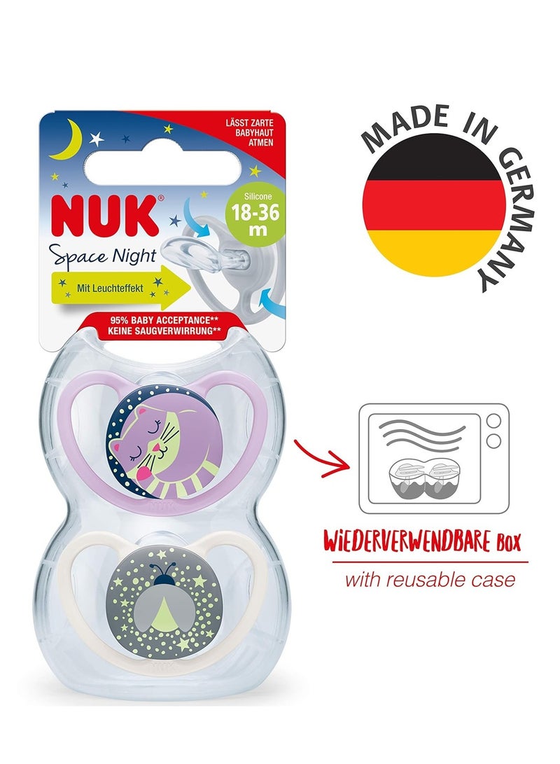 NUK Space Orthodontic Silicone Soother (Night Glow In The Dark) BPA-Free Cat and Ladybug Pack Of 2 - Image 1