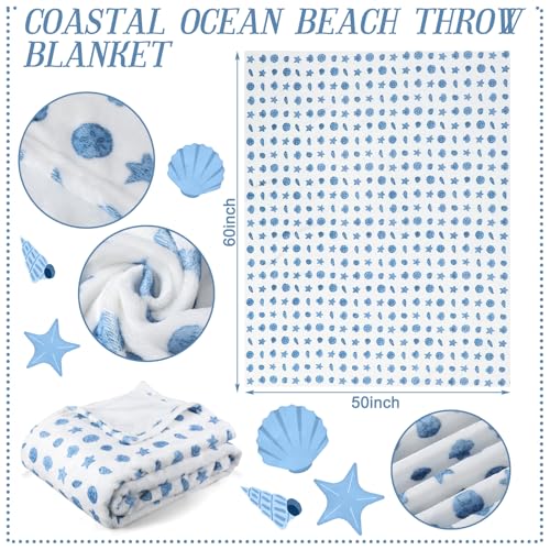 SmoothNovelty Ocean Life Ocean Beach Throw Blanket 50x60in Blue Nautical Coastal Bed Blanket Seashell Starfish Soft Flannel Throw Blankets for Adults for Sofa Couch Bed Room Birthday Gifts Decor - Image 3
