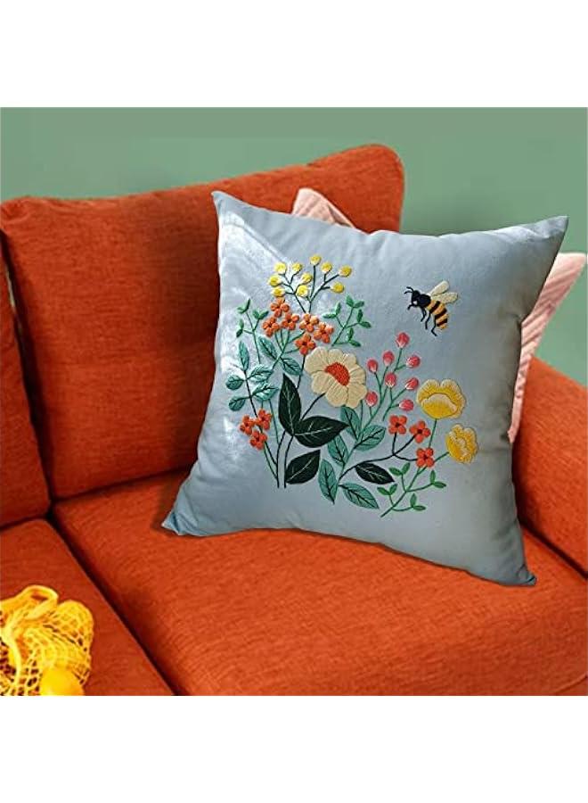 Embroidery Pillow Kit Crafts Home Decoration Cushion Cover with Flower Pattern 17×17 Inches Decorative Pillow Cover for Beginners, Style B - Image 2