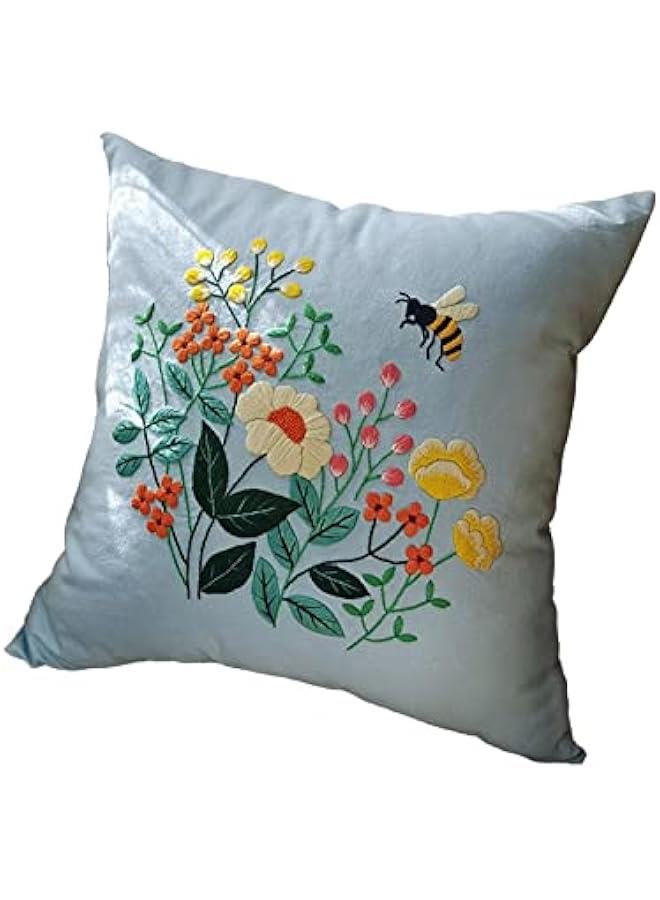 Embroidery Pillow Kit Crafts Home Decoration Cushion Cover with Flower Pattern 17×17 Inches Decorative Pillow Cover for Beginners, Style B - Image 1