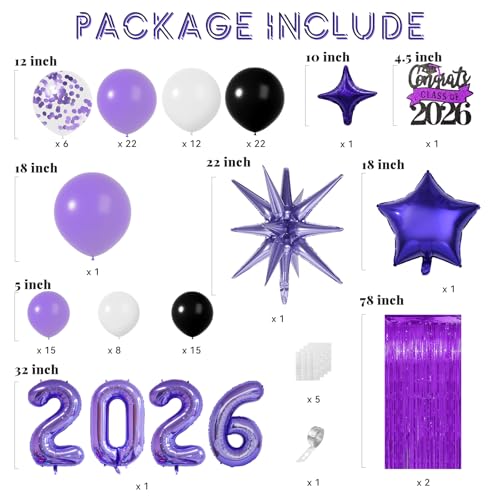 Janinus Graduation Balloon Arch Kit 2026 Graduation Decorations Different Sizes 5 12 18 Inch Purple Black White Grad Balloons Arch with Class of 2026 Cake Toppers Fringe Curtain Star 2026 Balloons - Image 5