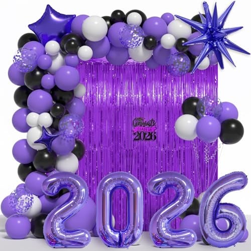 Janinus Graduation Balloon Arch Kit 2026 Graduation Decorations Different Sizes 5 12 18 Inch Purple Black White Grad Balloons Arch with Class of 2026 Cake Toppers Fringe Curtain Star 2026 Balloons - Image 1
