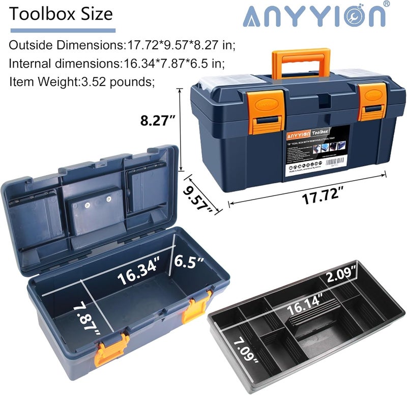 Anyyion 17 inch Tool Box with Removable Tray, Small Parts Box On The Lid is Removable, Tray Can be Removed and Combined at Will（Internal Size:16.3"L*7.8"W*6.5"H ） - Image 3