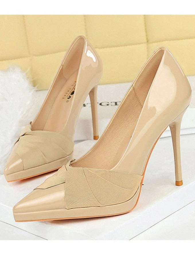 BIGTREE Women's Patent Leather Closed Pointed Toe Stiletto Pump Elegant High Heels Beige 10.5CM - Image 1