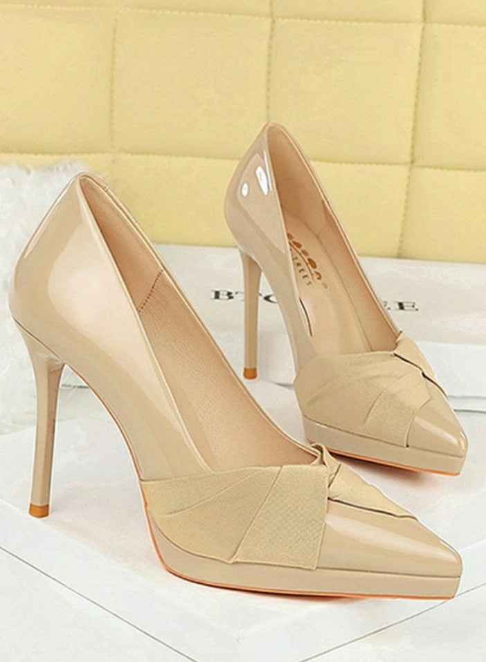 BIGTREE Women's Patent Leather Closed Pointed Toe Stiletto Pump Elegant High Heels Beige 10.5CM - Image 2