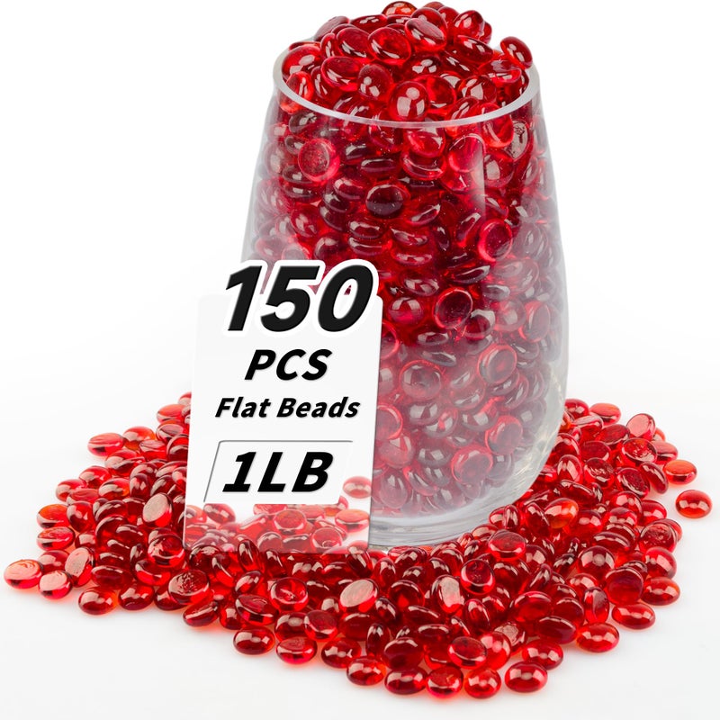 Foncomy 1 LB Red Flat Glass Beads 150 PCS Small Glass Marbles Mini Flat Round Pebbles for Vase Filler and Floral Fish Tank Rocks Decorative Gemstones for Home and Aquarium Dcor