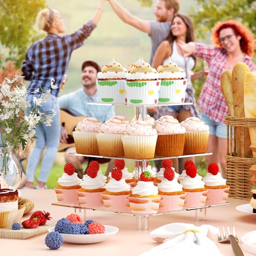 weddingwish Acrylic Cupcake Stand, Clear Dessert Tower Holder Display with Base for Wedding, Party, Baby Shower, 3 Tier Square, Transparent - Image 2