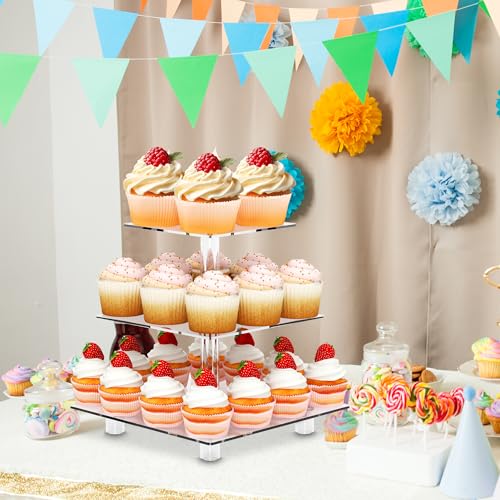 weddingwish Acrylic Cupcake Stand, Clear Dessert Tower Holder Display with Base for Wedding, Party, Baby Shower, 3 Tier Square, Transparent - Image 3