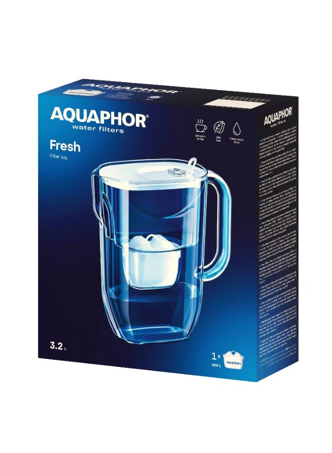 Aquaphor Fresh MFP+ Water Filter Jug 3.2L – Fresh Water Purifier Pitcher with Flip-Top Lid, BPA-Free, Compact Fridge Door Design, Removes Chlorine, Lead, Heavy Metals, Limescale & Contaminants, Includes Maxfor+ Cartridge (White) - Image 1