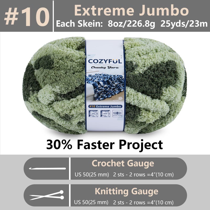 Cozyful Chunky Yarn for Hand Knitting - #10 Chunky Chenille Blanket Yarn, Jumbo Big Thick Chunky Yarns for Crocheting, Tie Dye Bulky Knit Yarns, 8 Skein (25 yds 8 oz Each Skein), Multi Green - Image 2