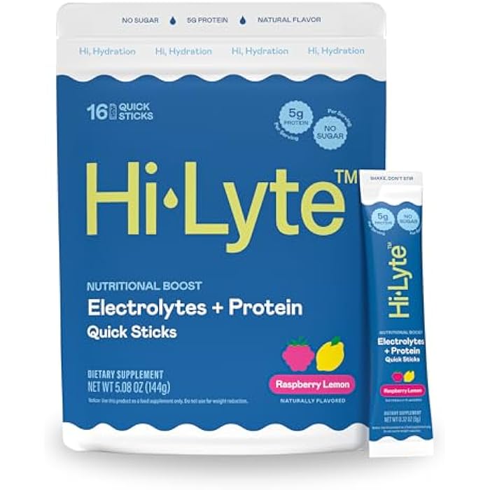 Hi-Lyte Electrolytes + Protein Quick Sticks Raspberry Lemon, 16 Servings - Sodium, Potassium, Whey Protein - Keto Friendly - 5g Protein, No Sugar - Image 1