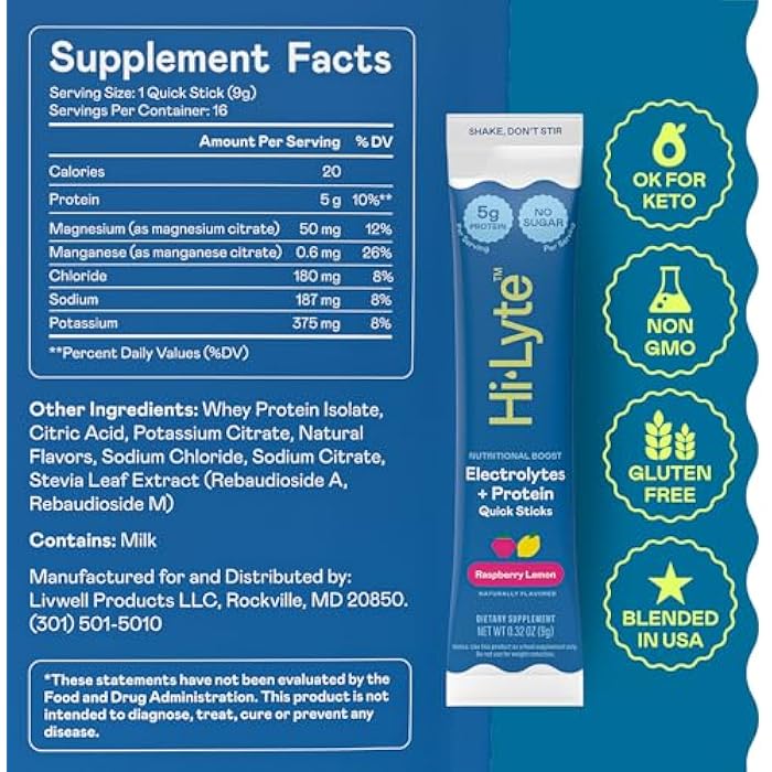 Hi-Lyte Electrolytes + Protein Quick Sticks Raspberry Lemon, 16 Servings - Sodium, Potassium, Whey Protein - Keto Friendly - 5g Protein, No Sugar - Image 3