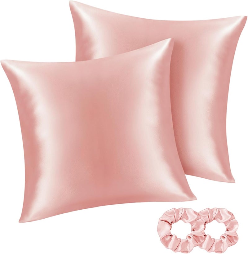 BEDELITE Satin Cushion Cover Set of 2 80 x 80 cm Pink | Silk Pillowcase Alternative, Soft for Summer, 2 Hair Bobbles Included, for Hair and Skin - Image 1