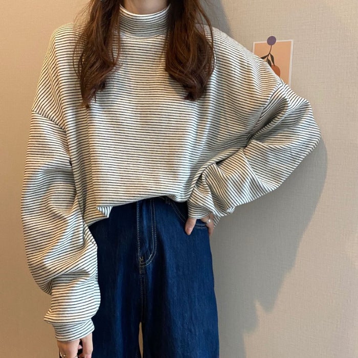 Half-High Collar Loose Striped Thickened Top Outer Wearing Warm Inner Base Shirt Winter Long-Sleeved T-Shirt Women'S Ins - Image 1