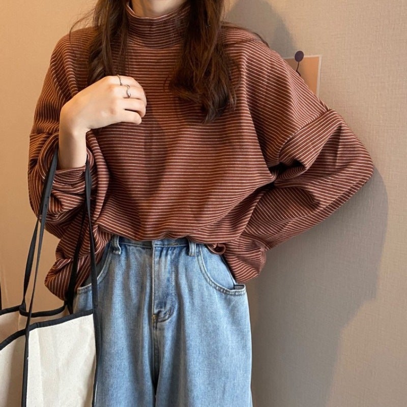 Half-High Collar Loose Striped Thickened Top Outer Wearing Warm Inner Base Shirt Winter Long-Sleeved T-Shirt Women'S Ins - Image 4
