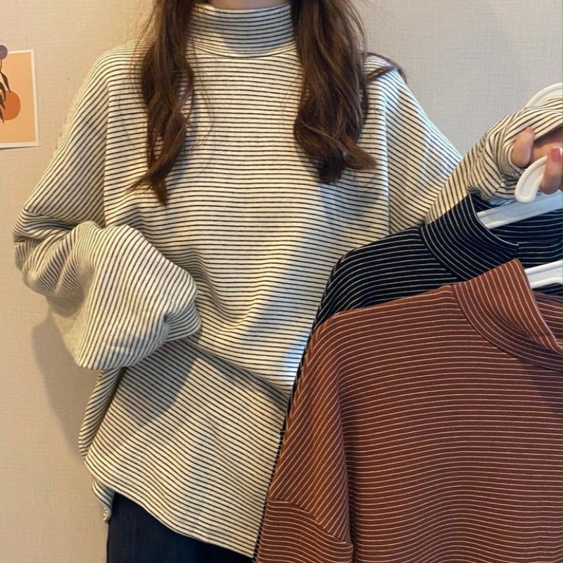 Half-High Collar Loose Striped Thickened Top Outer Wearing Warm Inner Base Shirt Winter Long-Sleeved T-Shirt Women'S Ins - Image 2