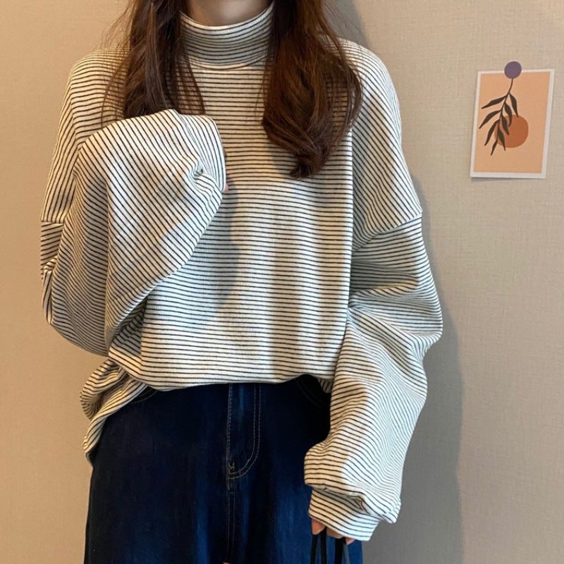 Half-High Collar Loose Striped Thickened Top Outer Wearing Warm Inner Base Shirt Winter Long-Sleeved T-Shirt Women'S Ins - Image 3